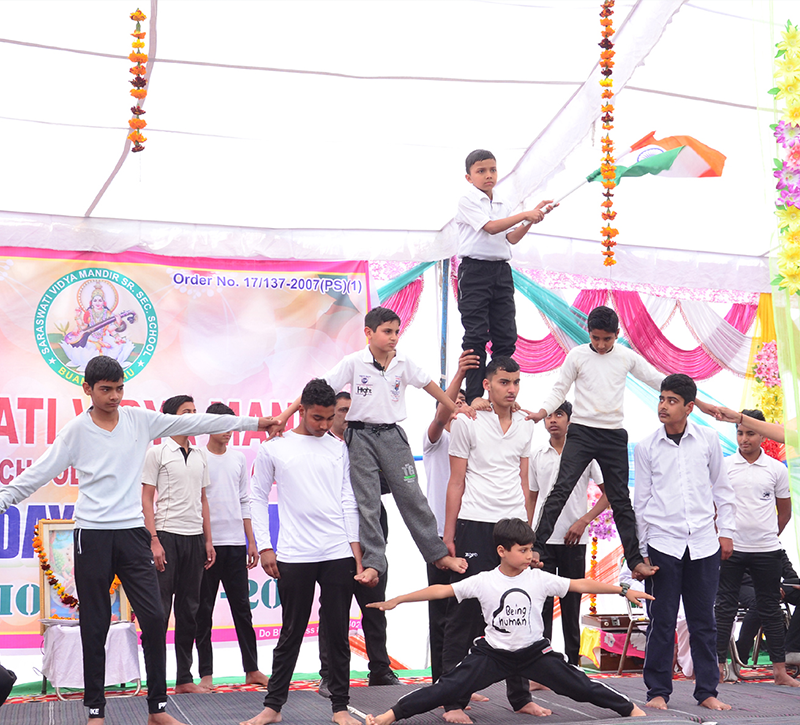 Students engaged in various activities at Saraswati Vidya Mandir showing classroom learning, sports, and cultural events